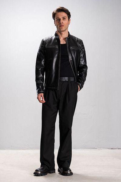 Dericlub Zagreb Men's Judge Collar Slim Fit Real Leather Sports Coat Black/Beige