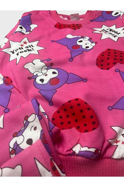 Pajama Shop Girl's Cotton Raised Pink Kuromi Heart Print Long Sleeve Winter Pajamas Set