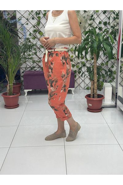 Punta Otantik Nc7232 Italian High Waist Linen Ankle Pants Coral