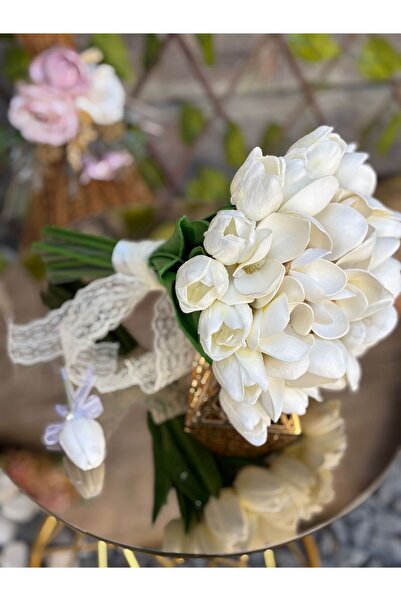 GÜRLEK TEKSTİL Islak Lale & Manolya Gelin Buketi ve Damat Yaka Çiçeği - Gelin...