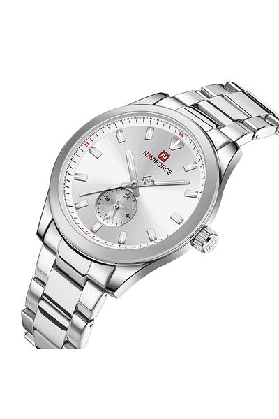 Naviforce Men's Luxury Silver Stainless Steel Watch – White Dial Waterproof Luminous Hands Elegant Dress
