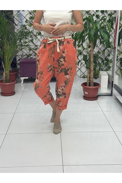 Punta Otantik Nc7232 Italian High Waist Linen Ankle Pants Coral