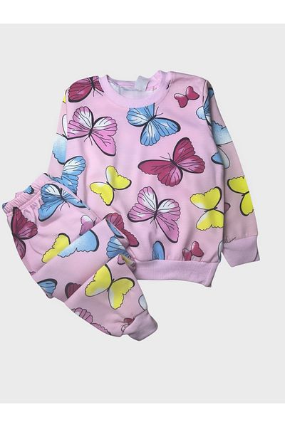 Pajama Shop Girls' Cotton Hooded Pink Butterfly Patterned Long Sleeve Winter Pajama Set