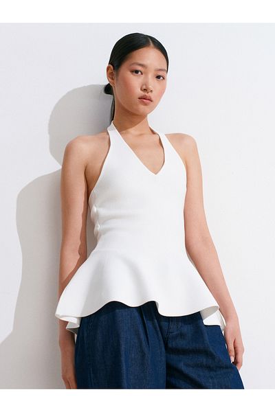 Dilvin 10785 Halter V-Neck Peplum Knitwear Blouse-White