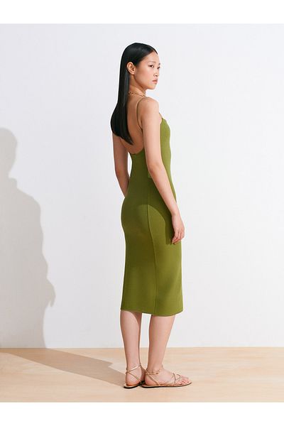 Dilvin 91495 Strap Midi Dress-Oil Green