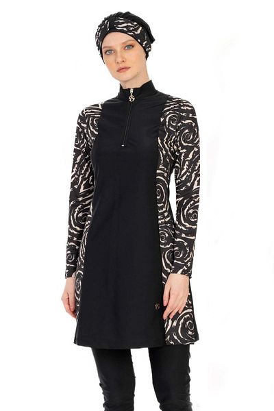 allsea Black Patterned Full Covered Hijab Swimsuit – Includes Zipper and Bonnet
