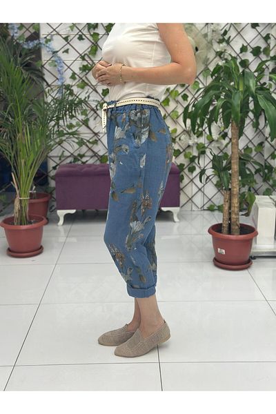 Punta Otantik Nc7232 Italian High Waist Linen Ankle Pants Blue