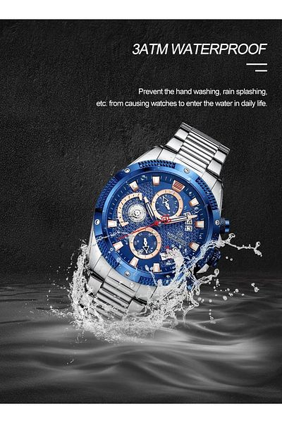 Naviforce Mens Chronograph Sport Watch Stainless Steel Band Analog Quartz Movement Multifunctional Dial