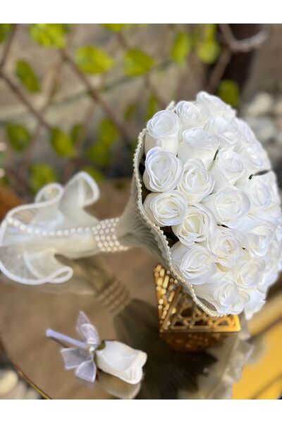 GÜRLEK TEKSTİL Yeni Sezon Inci Tüllü Gül Gelin Çiçeği Gelin Buketi Damat Yaka...