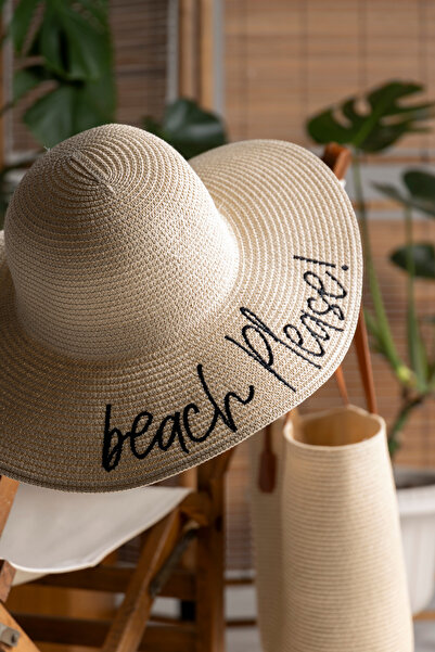 Adorisse Beach Please Nakışlı Bej Hasır Şapka Hsr2029 Kutulu Gönderim