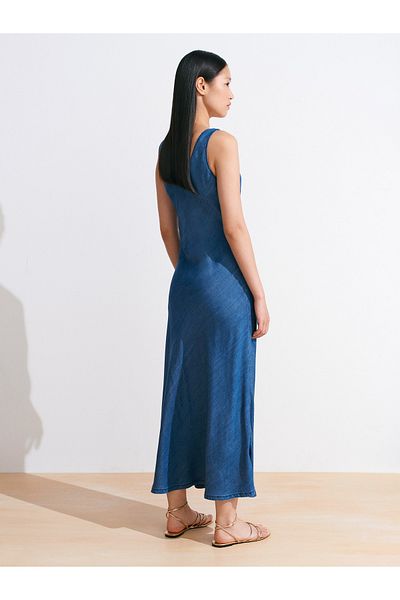 Dilvin 90567 Lyocell Loose Cut Denim Dress-Navy Blue