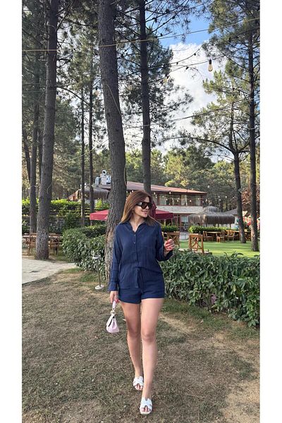 Daves Navy Blue Muslin Fabric Relaxed Fit Shirt Shorts Double Set