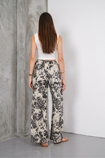 SheLoria Women's Black White Ethnic Patterned Lacing Detail Elastic Waist Relaxed Cut Palazzo Viscose Trousers