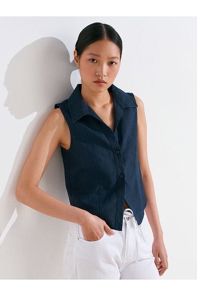 Dilvin 50511 Linen Sleeveless Shirt-Navy Blue