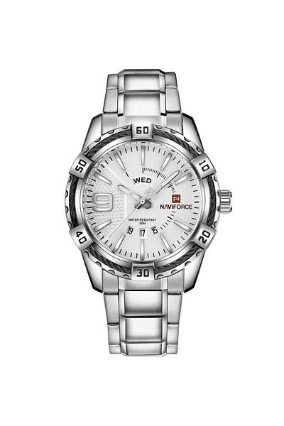 Naviforce Stylish Mens Quartz Watch with White Dial Stainless Steel Strap Analog Display Water Resistant