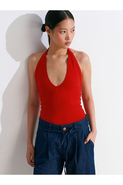 Dilvin 31971 Halter Neck Top-Red