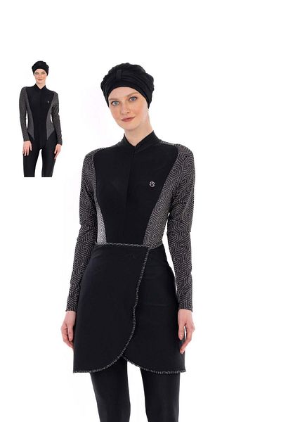 allsea Black Full Covered Hijab Swimsuit Women's Swimming Suit – Zippered, Patterned Sleeves, Includes Bonnet C0T0N0