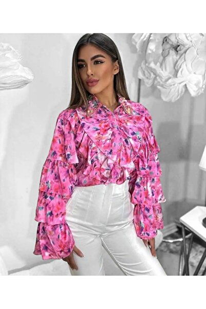 Andrew Cămasă roz cu accesorii pe guler