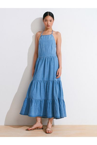 Dilvin 90570 Halter Neck Long Denim Dress-Blue