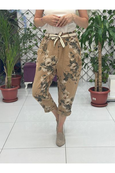 Punta Otantik Nc7232 Italian High Waist Linen Ankle Pants Camel