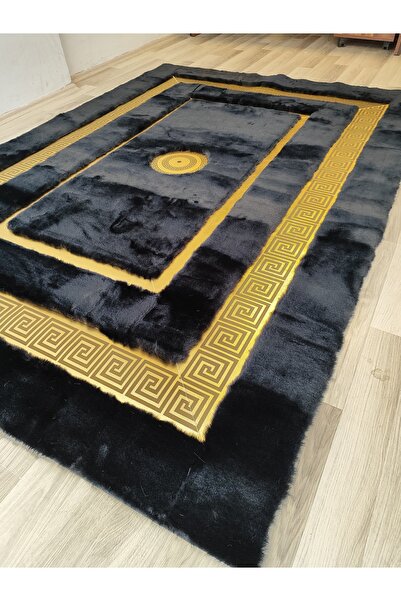 KRAL HOME Gold Varaklı Siyah Renk Lüks Tasarı Peluş Halı