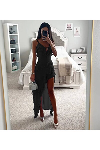 WellWay İthal Şifon Kumaş Astarlı Elbise-Siyah-ürün Dar Kalıptır 1 Beden Büyü...