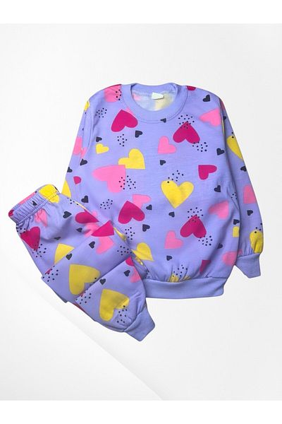 Pajama Shop Girls' Cotton Hooded Lilac Color Heart Patterned Long Sleeve Winter Pajama Set