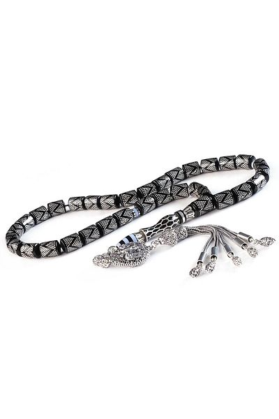 TESBİHCİBABA Dense Silver Embroidered Nakkaş İmame Erzurum Oltu Stone Prayer Beads
