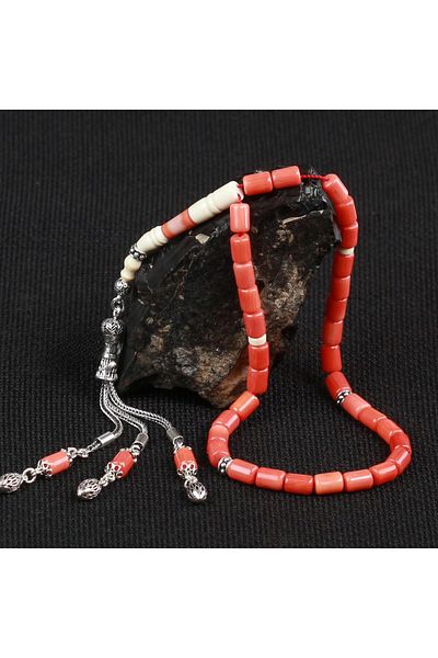 TESBİHCİBABA Capsule Cut Coral Prayer Beads with Ivory Imame