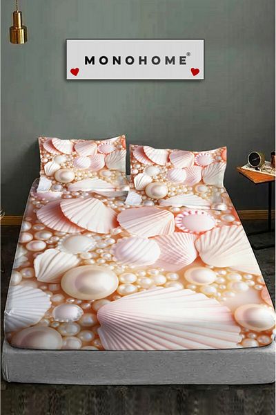 MonoHome 100% Cotton Fitted Sheet Special Design 5D Digital 60 Wire Pearls and Shells
