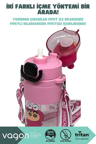 Vagonlife 650ml Crayon Shinchan Figured Cover Tritan Water Bottle with Straw/Without Straw Use with Hand Strap