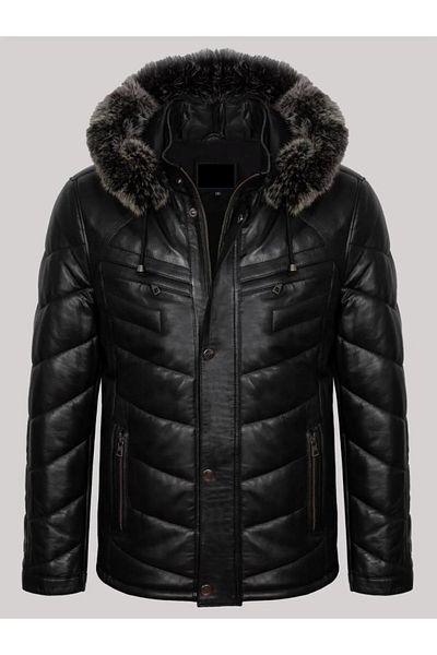Deri Ceket Genuine Leather Collar with Fur Black Straight Line Detail Four Pocket Puffer Men's Leather Coat