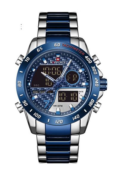Naviforce Men's Analog-Digital Sports Watch Stainless Steel Band with Blue Accents Waterproof Chronograph
