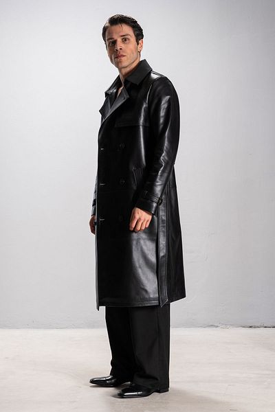 Dericlub Harvard Men's Cape Real Leather Trench Coat Black