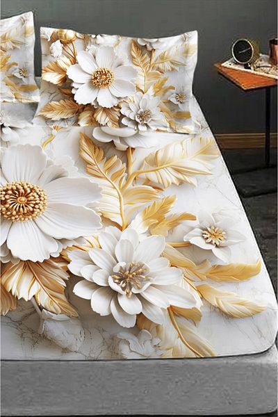 MonoHome 100% Cotton Fitted Sheet Special Design 5D Digital 60 Wire Gold Rose