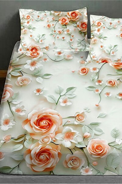 MonoHome 100% Cotton Fitted Sheet Special Design 5D Digital 60 Wire Salmon Flowers