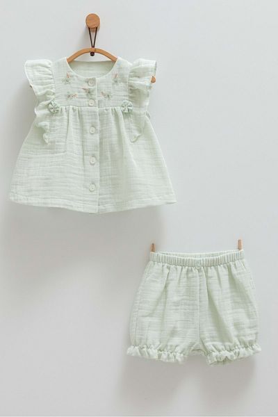 Caramell Little Girl Floral Front Button Shorts Suit Green