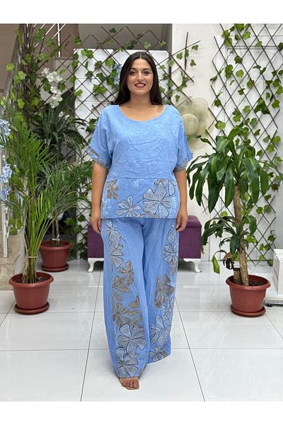 Punta Otantik Nc61253 Italian Floral Printed Linen Suit Blue
