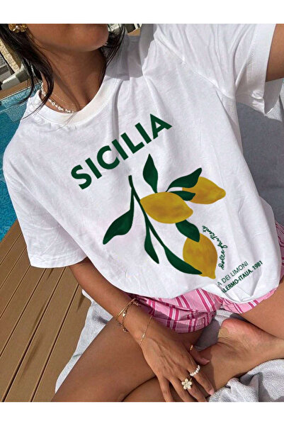 LAMASTRE Γυναικείο καλοκαιρινό μπλουζάκι με στάμπα λεμόνι Sicilia σε λευκό χρ...