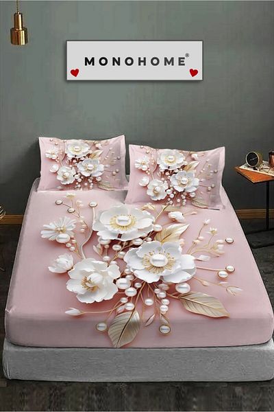MonoHome 100% Cotton Fitted Sheet Special Design 5D Digital 60 Wire Pink Pearls