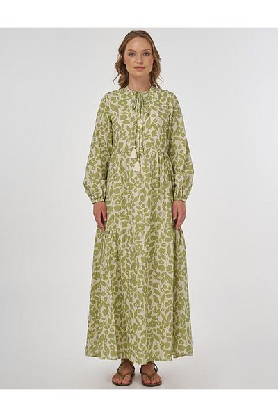 Kayra -Floral Pattern Cotton Linen Maxi Dress Pistachio Green-23103