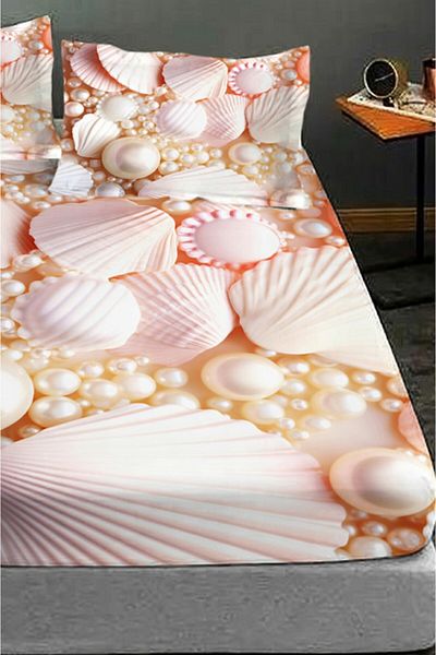 MonoHome 100% Cotton Fitted Sheet Special Design 5D Digital 60 Wire Pearls and Shells
