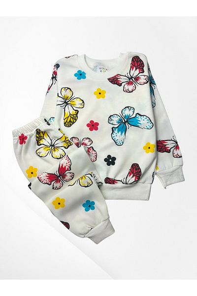 Pajama Shop Girls' Cotton Hooded White Color Butterflies Patterned Long Sleeve Winter Pajama Set