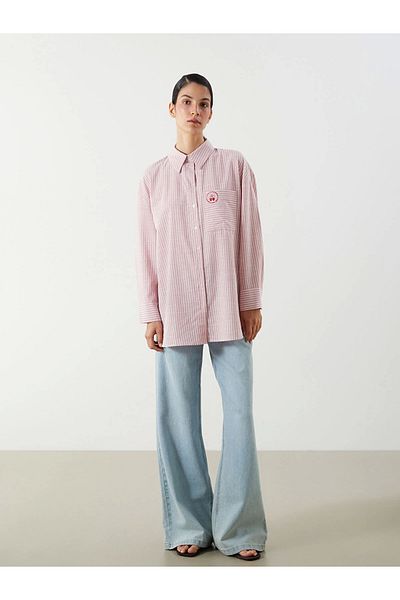 LC Waikiki LCW Μοντένο Ροζ Κεράσι Κεντημένο Oversize Γυναικείο Πουκάμισο Μπλουζάκι