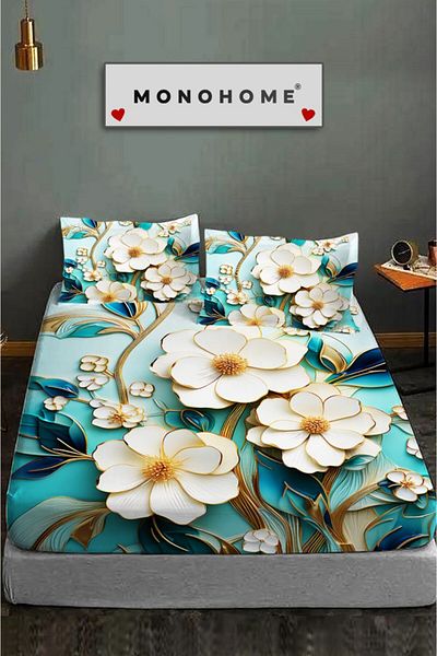 MonoHome 100% Cotton Fitted Sheet Special Design 5D Digital 60 Wire Turquoise Flowers