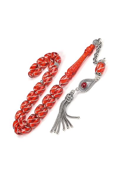 TESBİHCİBABA Spiral Silver Craftsmanship Peerless Color Fire Amber Prayer Beads