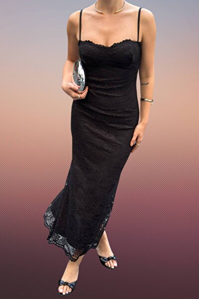 Moda Amore Dantel Elbise - Askılı ve Yırtmaç Detaylı Şık Tasarım | Düğün - Nikah - Davet Elbisesi | 887