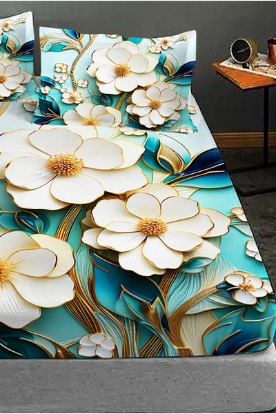 MonoHome 100% Cotton Fitted Sheet Special Design 5D Digital 60 Wire Turquoise Flowers