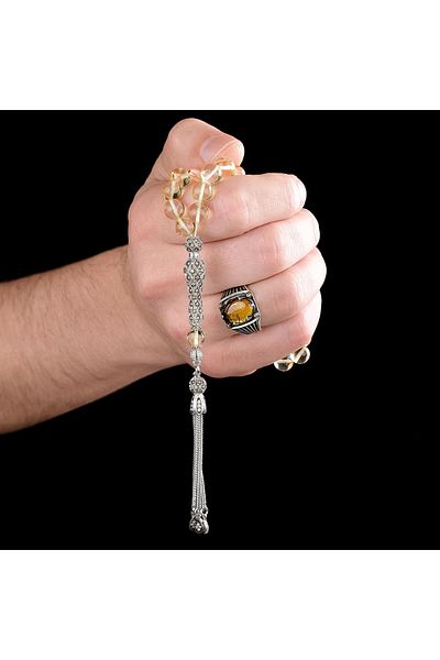 TESBİHCİBABA Unique Artifact Silver Design Water Drop Has Amber Prayer Beads