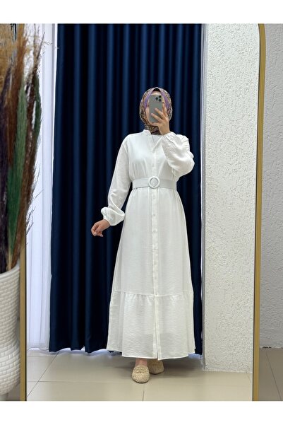 BENAHOLL Miressa Boydan Düğmeli Kemerli Çilek Elbise-PE620 Beyaz